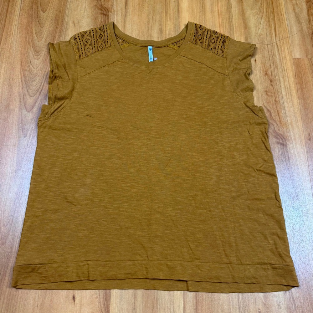 Kuhl Mustard Yellow Organic Cotton Crochet Lace Shoulder Ruffle Sleeve Top 8521